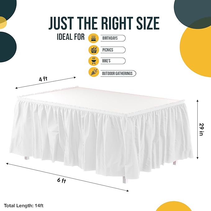 Exquisite Ruffle Table Skirt White Pack Of 6, 14 Ft Long Table Skirts for Rectangle Tables 6ft Plus or Round Tables Skirts with Adhesive Strip for Gender Reveal Decor & Happy Birthday Parties