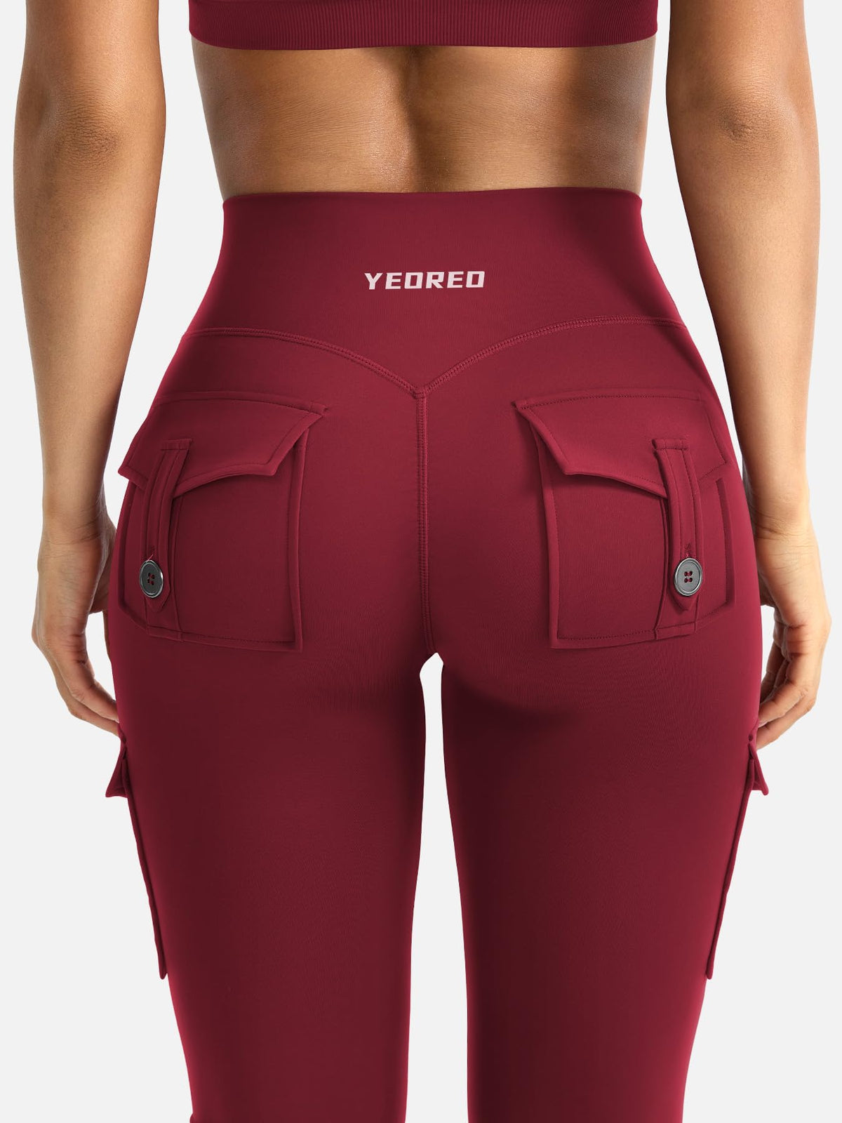 YEOREO CoreFlex Women Workout Flare Leggings with Pockets Scrunch Cargo Gym Yoga Leggings Wine XL