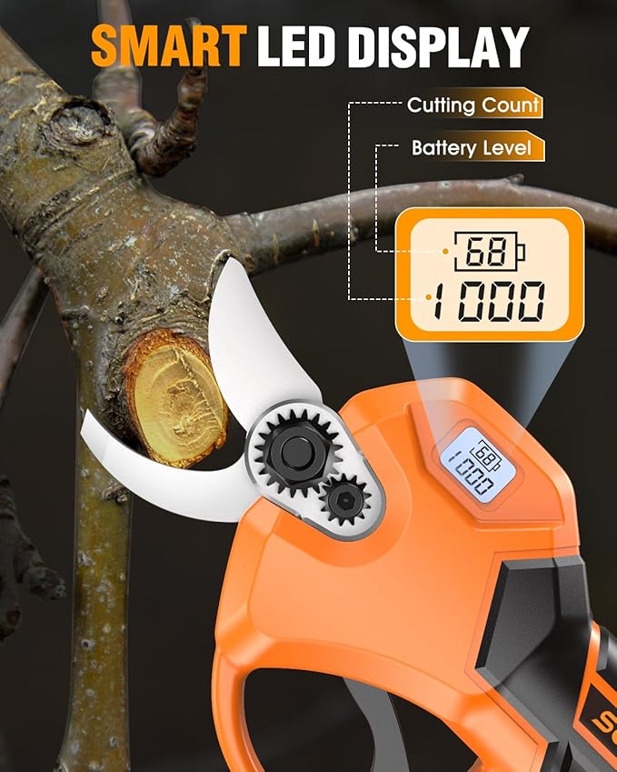 Electric Cordless Pruning Shears, 1.5-2.05 inches Cutting Diameter, Electric Clippers for Gardening, Brushless Motor Tree Pruner with LCD Display and SK5 Blades, Tree Branch Cutter for Tree Trimming
