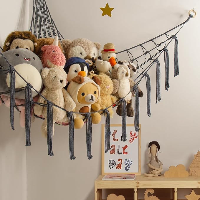 Stuffed Animal Storage Hammock Net - Toy Hammock Net for Stuffed Animals Corner - Hanging Stuff Animal Organizer Holder Large Size Baby Nursery Room Decor-Grey