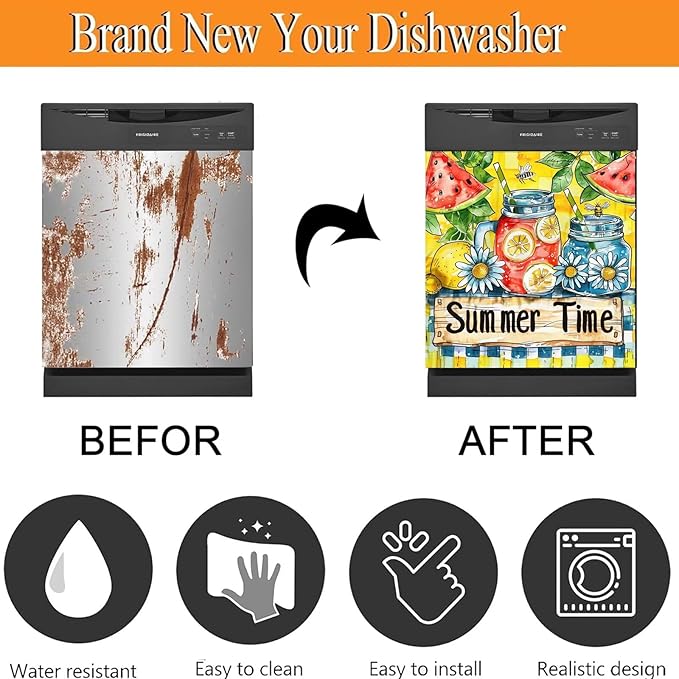 Summer Time Kitchen Decor Dishwasher Magnet Cover, Watermelon Lemonade Magnet Refrigerator Cover Panel Decal, Daisy Home Cabinet Sticker Bee Fridge Magnet Sticker 23" W x 26" H Magnetic