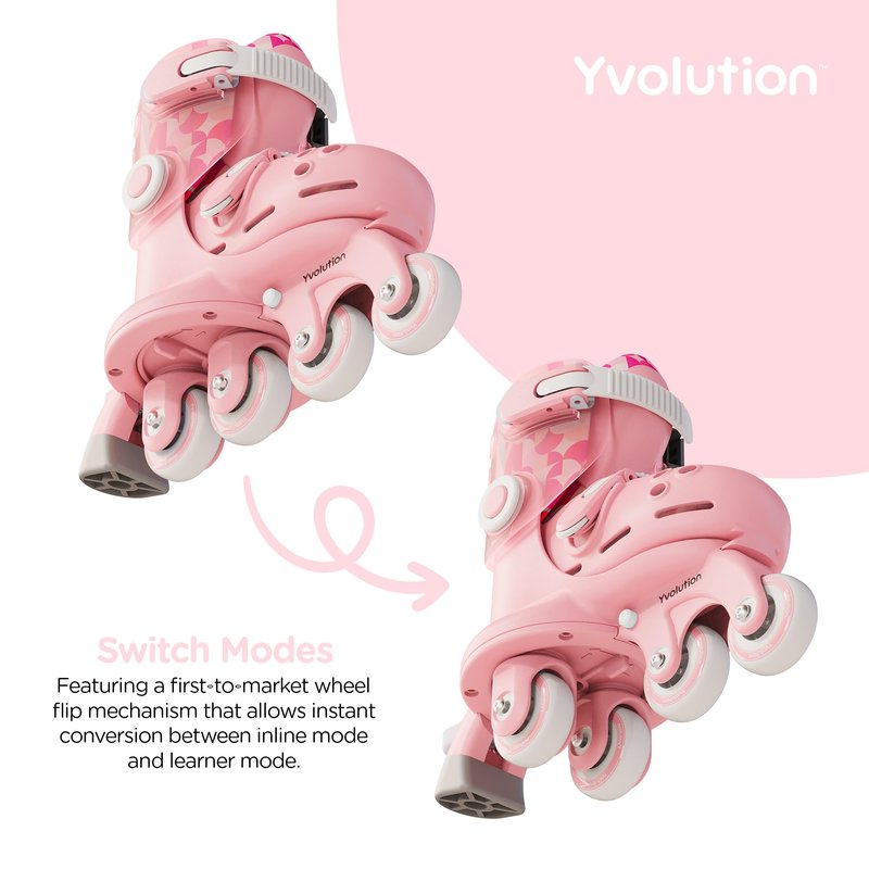 Yvolution Learner Twista Skates – 2-in-1 Adjustable Kids Roller Skates for Ages 2+ – Converts from Tri-Wheel to Inline Skates – No Tools Needed – US Size 7-11, Pink