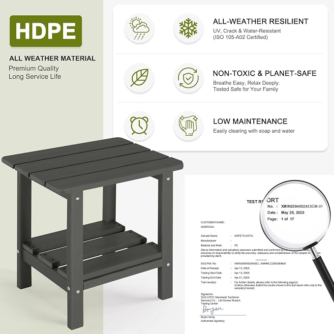Adirondack Outdoor Side Table, 2-Tier Small Patio End Table, Weather Resistant HDPE Outdoor End Tables for Garden, Lawn, Pool, Beach, Porch, Deck, Backyard - Square, Dark Gray