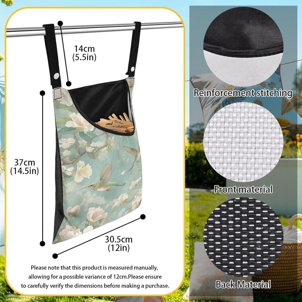 Clothespin Bag with Large Capacity for Mini and Wooden Clothespins with Large Opening Storage Organizer Laundry Hanging Bag - Hummingbird Flower Print