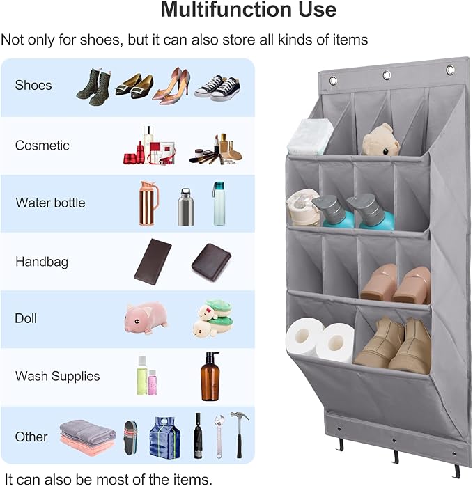 FENTEC 2 Pack Over the Door Shoe Organizer, Hanging Shoe Organizer Rack,24 Large Pockets and 4 Larger Storage Various Compartments with 6 Hooks, Home Accessories, Grey