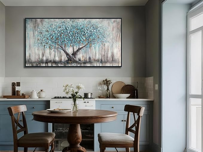 Arjun Framed Blue Tree Canvas Wall Art for Living Room Tree of Life Abstract Bedroom Textured Painting, Nature Picture Landscape Artwork Home Office Decor, Black Wood Large 40"x20"