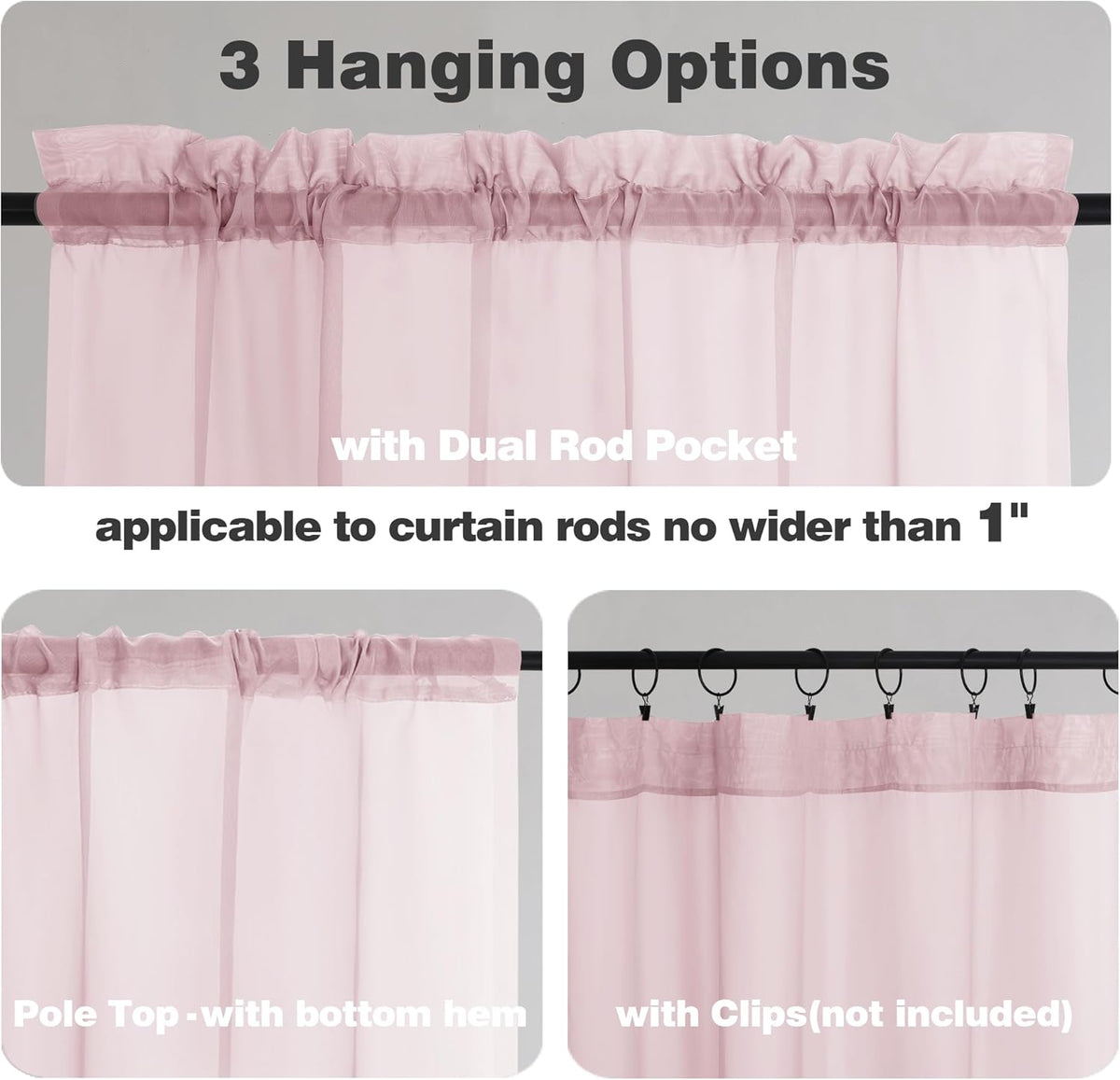 Chyhomenyc Sheer Curtains 54 Inch Long 2 Panels, Short Voile Drapes for Dinning Small Windows Bathroom Living Room Bedroom, Rod Pocket, 42Wx54L Inches, 2PCS, Blush Pink