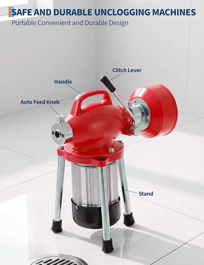 Portable Drain Cleaner Machine with 66FT x 5/8" & 16FT x 3/8" Steel Cables, 7 Cutters, Electric Sewer Snake Drain Auger, 500w Power Drain Cleaner Machine, Auto Feed Pipe Snake for 3/4" to 4" Pipes