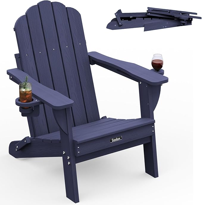 Adirondack Chair, HDPE Material Fire Pit Chairs, Plastic Adirondack Chairs with 2 Cup Holder, Outdoor Lawn Chair for Patio Garden, Dark NavyBlue