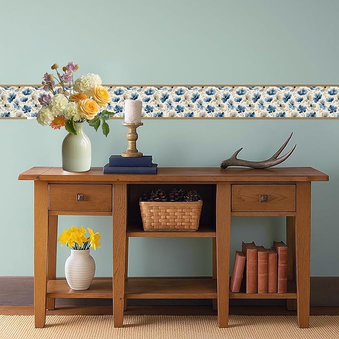 Blue Floral Wall Border 196x4 Inch Peel and Stick Vintage Flower Wallpaper
