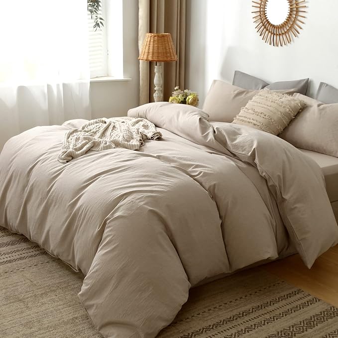 MooMee Bedding Duvet Cover Set 100% Washed Cotton Linen Like Textured Breathable Durable Soft Comfy (Heathered Taupe, King 104"x90")
