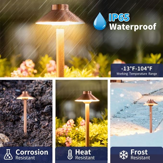 Brass Copper Low Voltage Path Lights, Landscape Pathway Light, 12V LED Outdoor Bronze Hat Top Walkway Lamp for Driveway Yard Garden with 3W 270LM 4000K G4 Bulb 4 Pack
