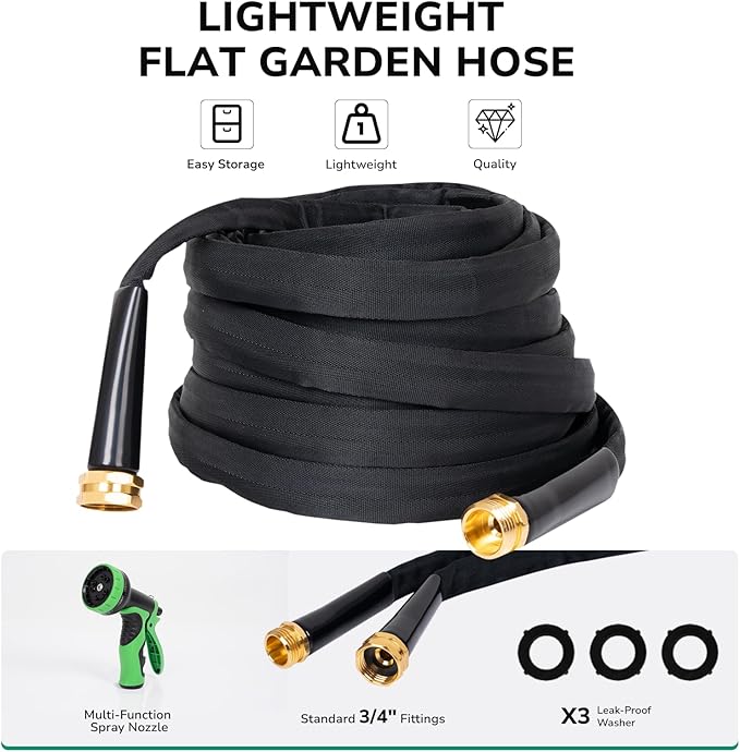 Lightweight Flat Garden Hose 25 FT, 3/4" GHT Flexible Water Hose with Spray Nozzle, Durable 800D Fabric, Kink Free Design, Portable Garden Hose for Lawn, Yard, Car Wash