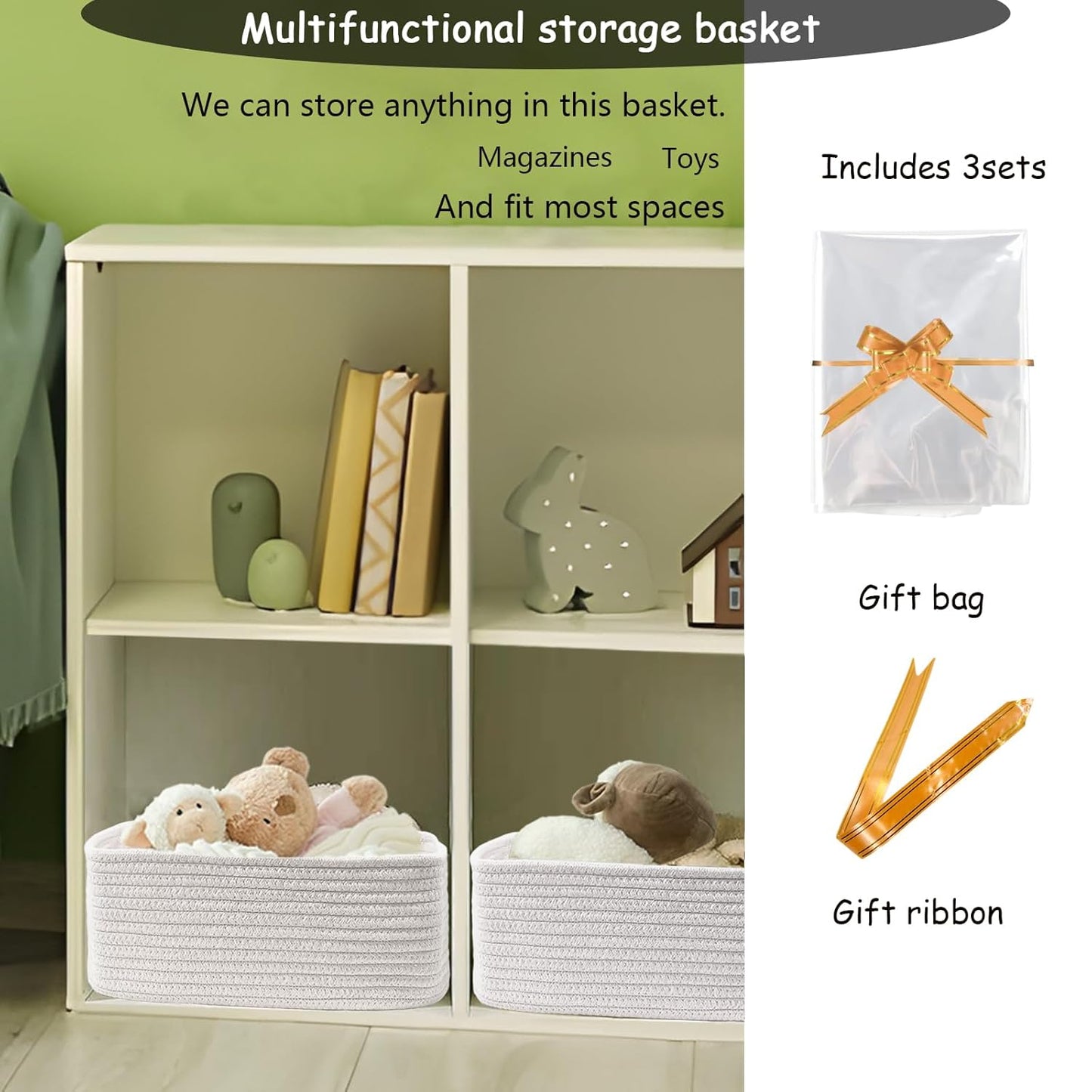 COMFY-HOMI 13" x 8.5" x 5.1" Storage Baskets for Organizing | Cotton Rope Woven Basket | Toy Storage Bin Box | Basket for Shelves, Closet Organizer Bin, Decorative Closet Shelf, 3 Pack, White