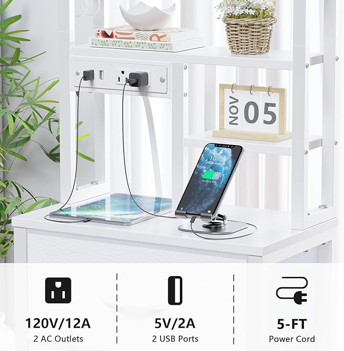 Furnulem Tall Night Stand, 52.1 Inch LED Nightstand with Charging Station and USB Ports, 4 PVC Fabric Drawers and 4 Tier Storage Shelf, Bedside Table for Bedroom, Dorm, Office (White)
