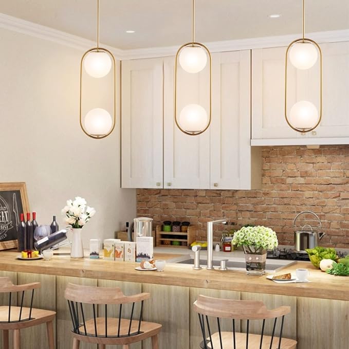 Modern Gold Globe Chandelier 2-Lights Mid Century Pendant Light Brushed Brass Ceiling Hanging Lighting Fixture with White Globe Glass Lampshade for Kitchen Island Dining Room Bedroom