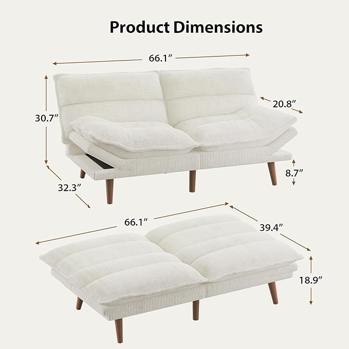 Pipishell Futon Sofa Bed, Convertible Futon Adjustable Backrest & Armrests, Corduroy Sleeper Couch for Small Spaces, Living Room, Office, Guest Room (Pearl White, 66 Inch)