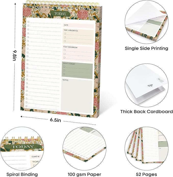 Taja To Do List Notepad - To Do List Notebook for Work with 52 Sheets, 9.8" x 6.5", Undated Daily Planner Perfect for Daily Tasks and Goal Setting, Notepad Suitable for Office, Home & School - Olive Grove