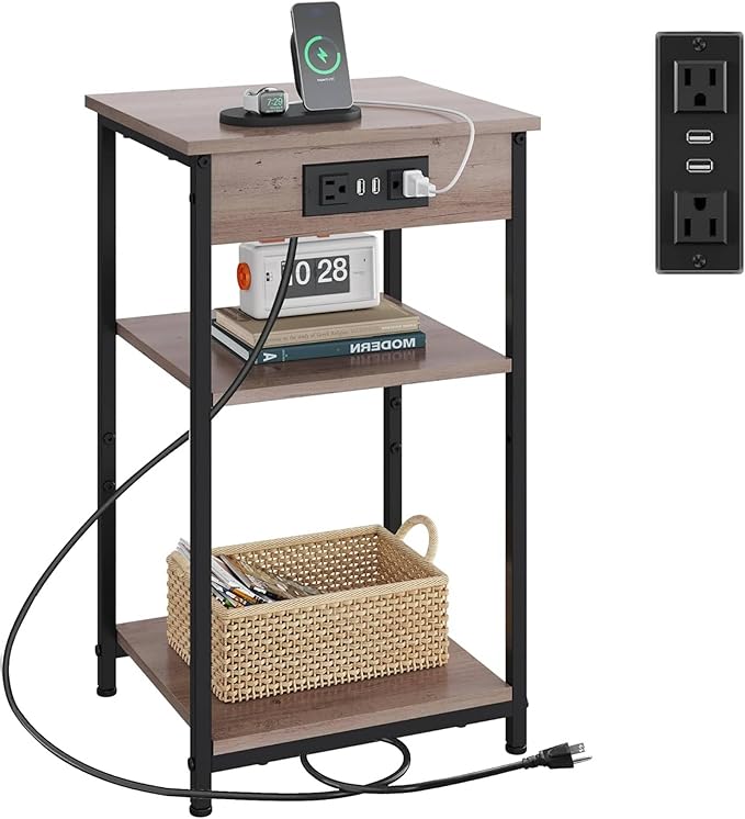 WLIVE End Table with Charging Station, Small Night Stand with 3 Storage Shelves, Side Tables for Small Spaces, Bedside Tables for Living Room, Bedroom, Grey