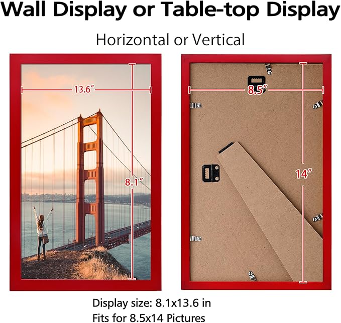 KINLINK 8.5x14 Picture Frames Red, Solid Wood Frames with Acrylic Plexiglass for 8.5x14 without Mat, Tabletop and Wall Display Photo Frame, 4 Pack