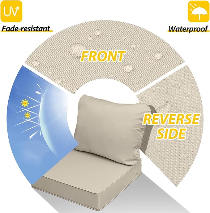 AAAAAcessories Outdoor Seat Cushions for Chairs, Fade-Resistant, Waterproof Patio Furniture Replacement Cushions, 25.5" x 25.5" x 5" + 25.5" x 19", Beige