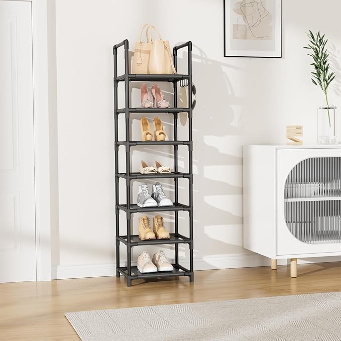 LANTEFUL Tall Shoe Rack 7 Tier Narrow Shoe Shelf Storage for 7-14 Pairs Shoe and Boot, Sturdy Shoe Storage Space Saving Corner Shoe Rack Organizer for Closet, Entryway, Living Room, Brown
