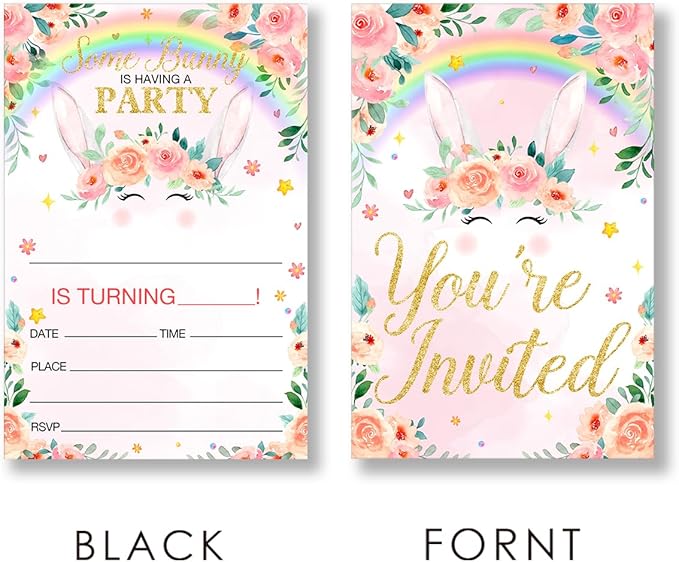 EUDOSI Rainbow Bunny Birthday Party Invitations Supplies Fill-In Set of 20 with Envelopes Floral Bunny Birthday Invites Cards, Double Sided