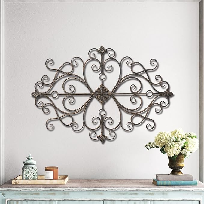 Sintosin Vintage Scroll Wrought Iron Wall Decor 36" x 24", Hanging Distressed Finish Traditional Large Metal Art Wall Decor for Living Room Bedroom Fireplace, Antique Outdoor Metal Home Decor