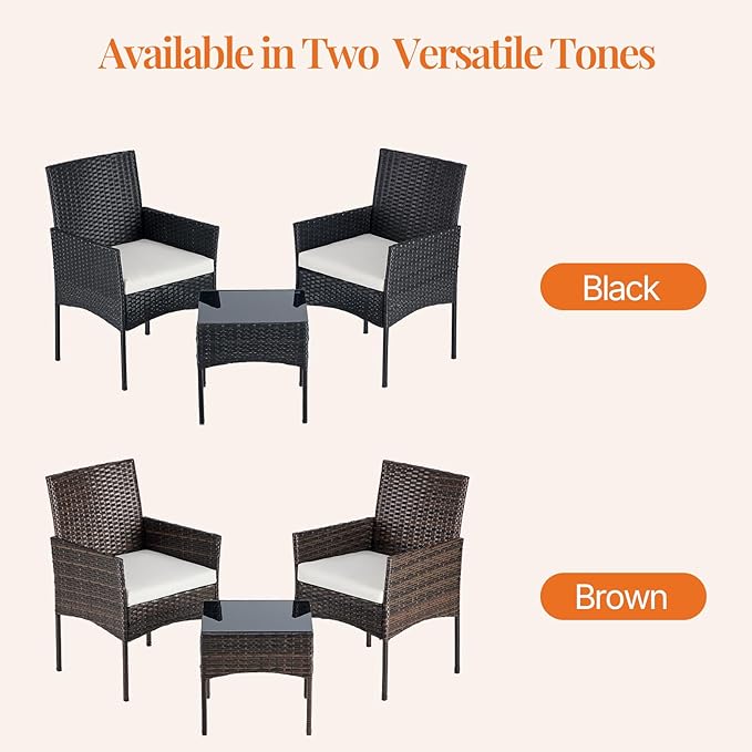 Sweetcrispy 3 Piece Patio Furniture Set, All-Weather Outdoor Wicker Bistro Set with Removable Cushions & Tempered Glass Table, Small Conversation Seating for Porch, Balcony, Deck, Backyard, Black