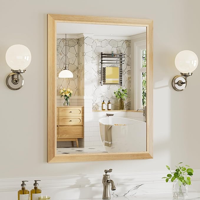 28x36 Inch Bathroom Mirror for Wall, Anti-Rust Oak Wood Grain Metal Framed