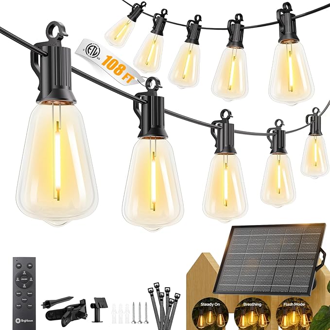 Brightown 108FT 50+2 LED Solar String Lights Outdoor Waterproof, Patio Lights with Remote and Shatterproof Bulbs, Dimmable & Timable, 3 Light Modes, Solar Lights Outdoor for Yard Garden Camping Party