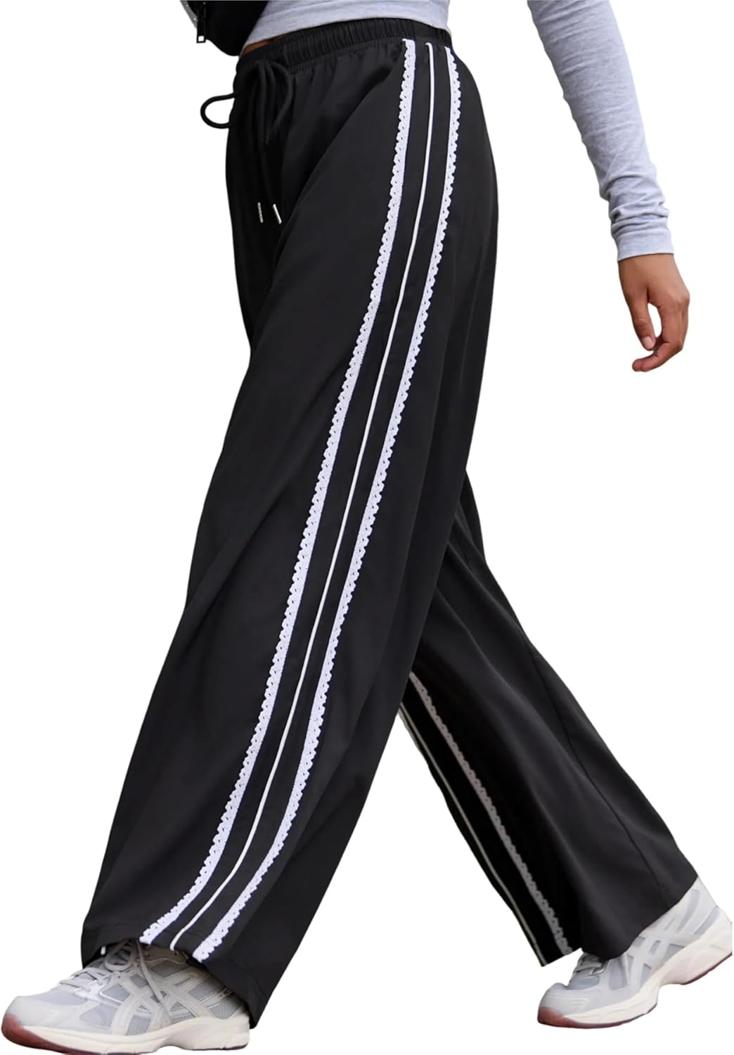 Yeokou Women's Wide Leg Sweatpants - Casual Drawstring Palazzo Pants with Pockets | Side Stripe Design