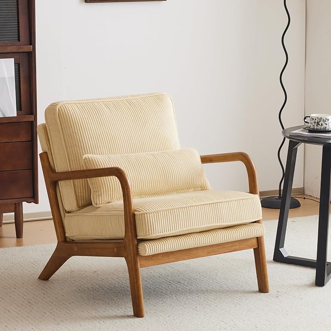Karl home Mid-Century Modern Accent Chair, Living Room Chairs with Pillow Corduroy Upholstered Lounge Armchair with Solid Wood Frame & Soft Cushion for Bedroom, Reading Room, Beige & Yellow