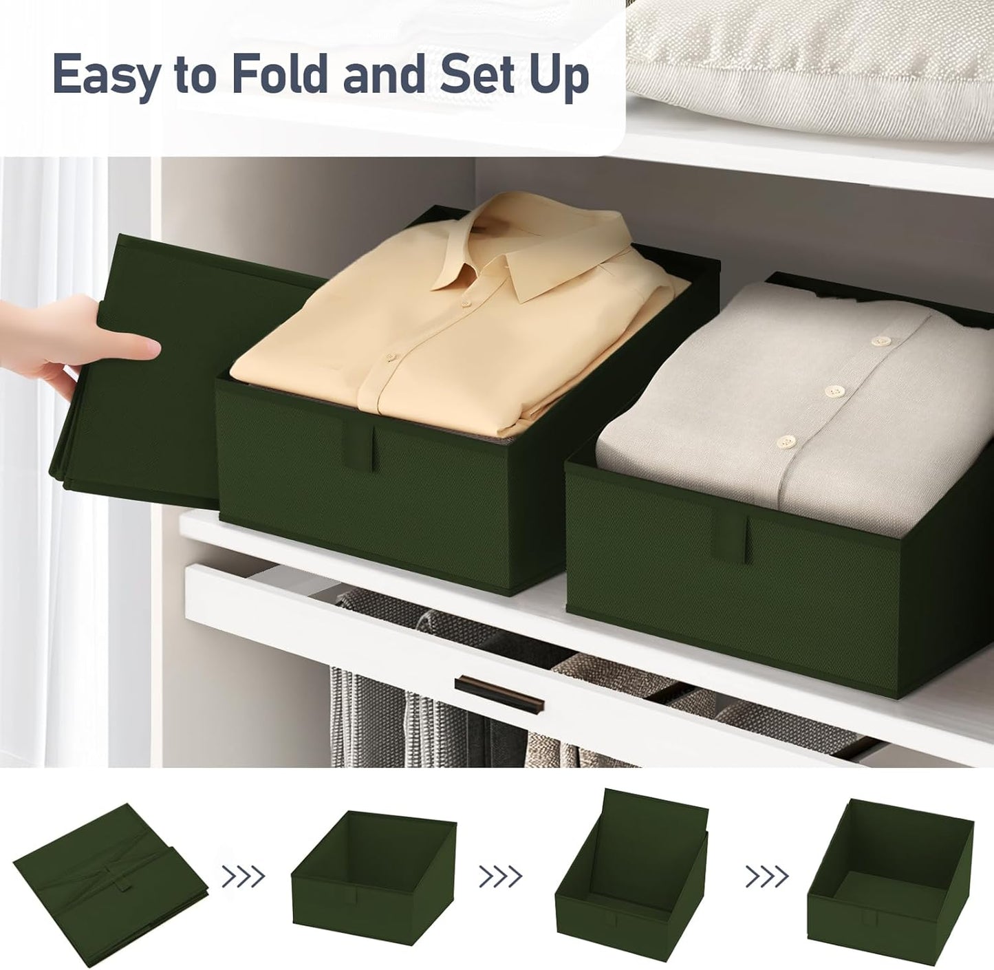 DIMJ Closet Storage Bins 6 Pack - Fabric Trapezoid Closet Organizer Bin, Foldable Storage Baskets for Shelves, Closet Shelf Organizer, Clothing Storage Box for Toys, Books, Towel, Clothes, Green
