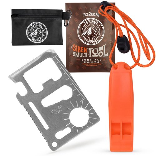 Tactiko Survival Siren and Multitool - Emergency Whistle & 10-in-1 Stainless Steel Pocket Tool with Carry Pouch - Essential Survival Gear Bundle for Camping, Hiking, and Outdoors - U.S. Company