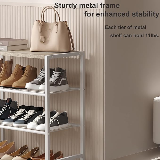 HOMEFORT 4-Tier Shoe Rack, Modern Industrial Shoe Storage Tower, Narrow Shoe Organizer for Closet Entryway, Small Shoe Rack Table with Durable Metal Shelves and MDF Top, White Oak