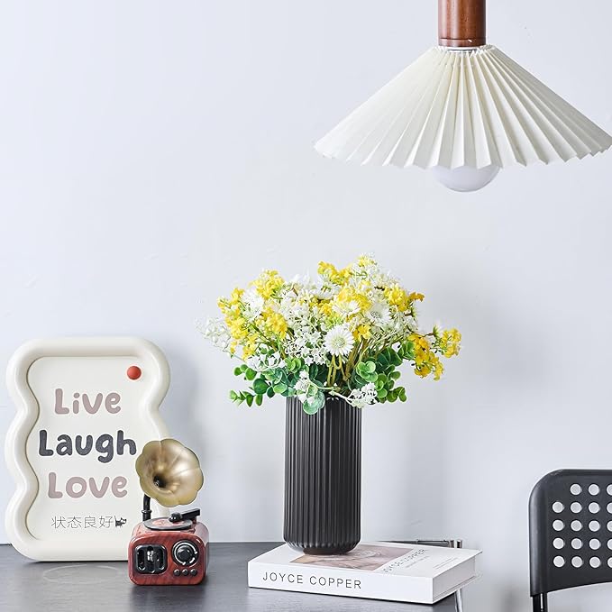 Black Ceramic Flower Vase for Pampas Grass, 10 inch Large Decorative Centerpiece Ribbed Vase for Dining Table, Office Desktop, Shelf Bookshelf, Mantel, Entryway, Bathroom, Countertop, Farmhouse, Gift