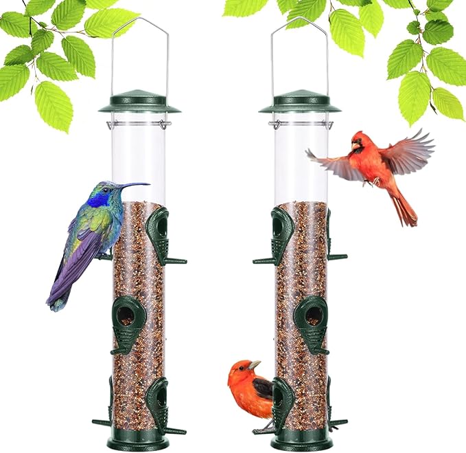 Metal Bird Feeder Tube Hanging Wild Bird Seed Feeder Aluminum Six Port Bird Feeders,1.4 mm Extra Thick Solid Tube Transparent with Steel Hanger Great for Attracting Birds (Green 2PK)