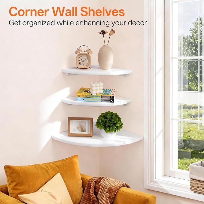 Gieanoo White Corner Wall Shelf 12inch Solid Oak Wood Floating Corner Shelf