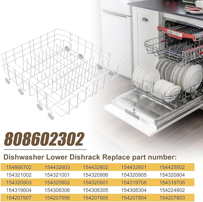 UPGRADED 808602302 5304535768 Dishwasher Lower Rack Replacement Compatible with Frigidaire,Kenmore Dishwasher Rack Parts with 154174501 Wheels Replace 154432602 154432601 154319706 Dishwasher Racks