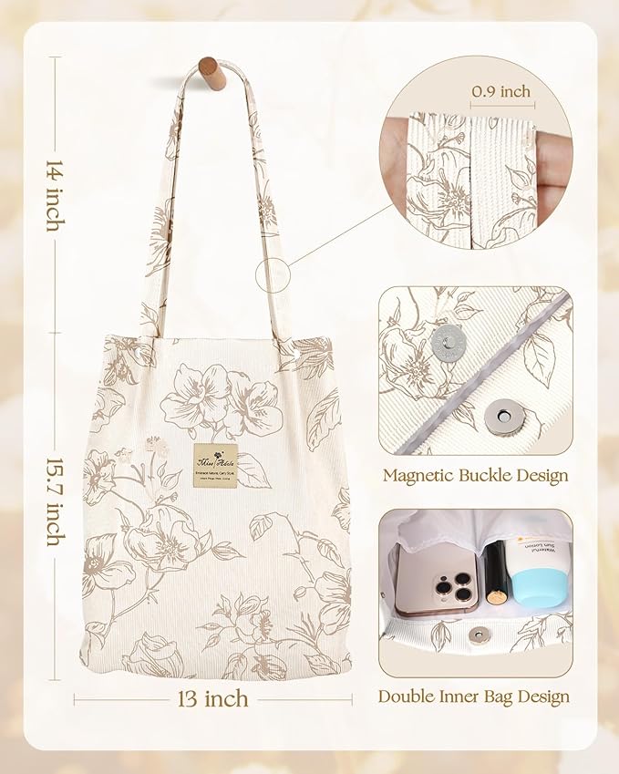 Miss Adola Corduroy Tote Bag for Women - Reusable Totes with Magnetic Buckle & Pocket Aesthetic Design Work Grocery Bags