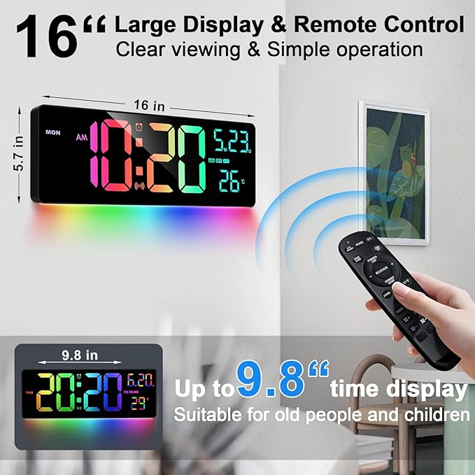 16" Bluetooth Large Digital Wall Clock/Auto Time Sync, 10 RGB Colors Digital