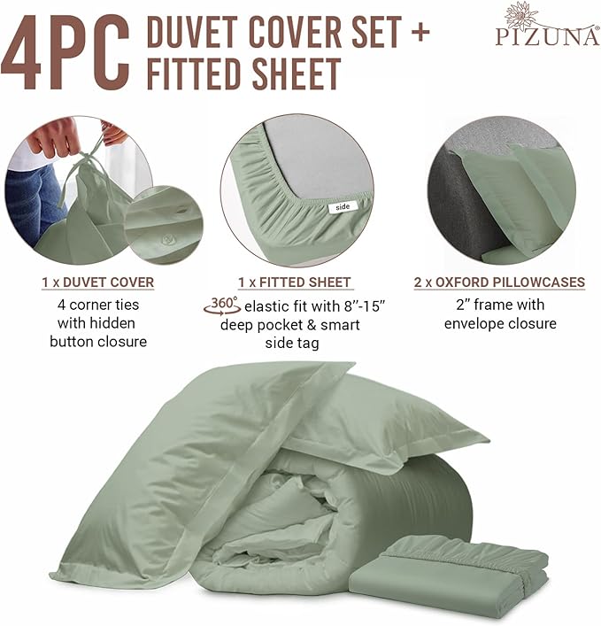 Pizuna 100% Cotton King 3 Pc Duvet Cover + 1 Pc Fitted Sheet Set 400 Thread Count Sea Foam Sateen Weave Luxurious Long Staple Cotton 4 Piece Bedding Set - 1 Duvet Cover, 2 Pillow Shams, 1 Fitted Sheet