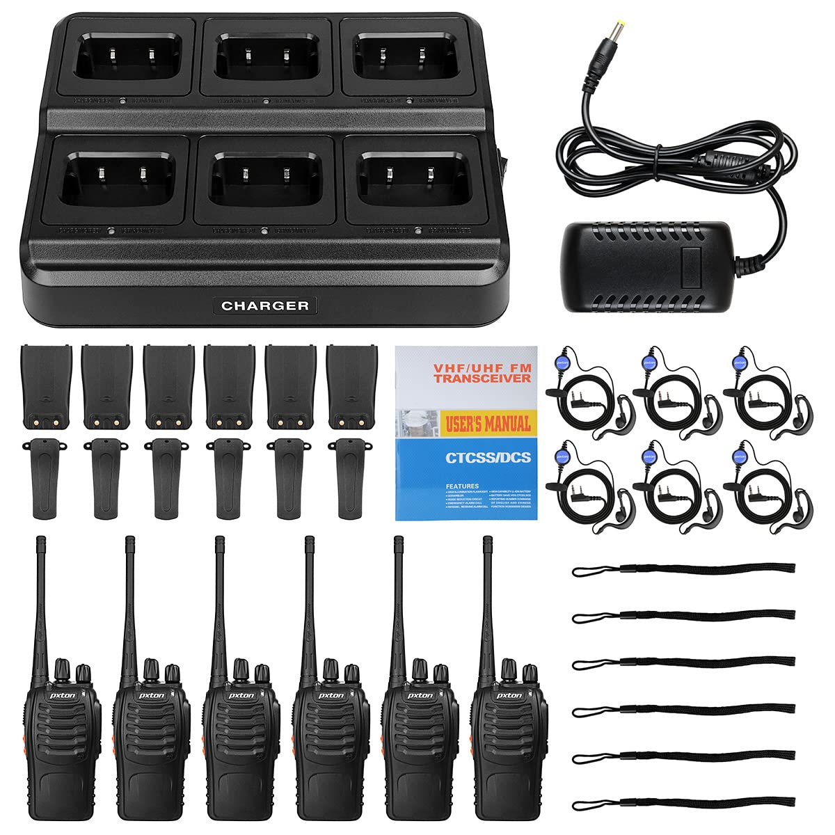pxton walkie talkies for Adults Long Range with Upgraded Earpiece,radios walkie talkies Rechargeable Portable Two Way Radios with 6 Way Multi Gang Charger and Li-ion Battery (6 Pack)