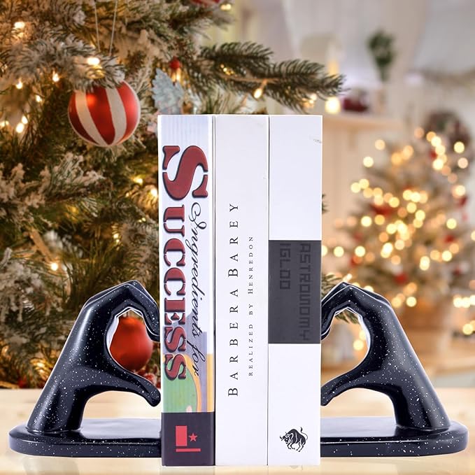 Black Bookends, Heavy Duty Bookend Holder Decor, Finger Heart Shaped, Modern Art Sculpture, Bookends Decorative, Boho Decor for Desktop Bedroom Study Room(Black)
