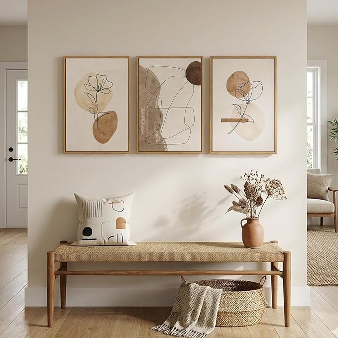 Framed Neutral Abstract Boho Wall Art Bedroom, 3 Piece Brown Black Botanical