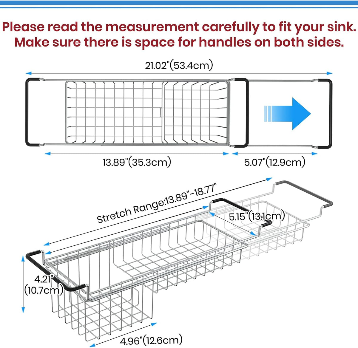 Sink Caddy Sponge Holder Kitchen Sink Organizer Sponge Caddy Expandable 16.06" to 21.02" Farmhouse In-sink Accessories for Rag Detergent Brush Dish Washing Liquid Rack, Stainless Steel
