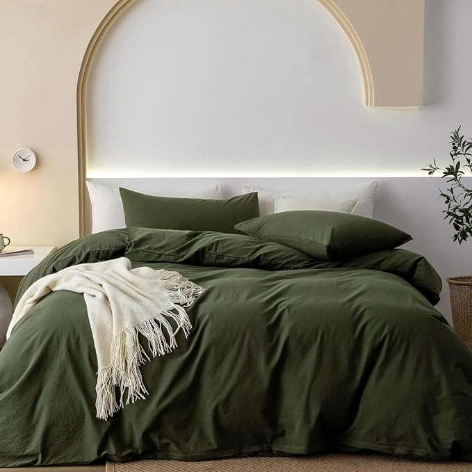 JIYUAN 100% Washed Cotton Duvet Cover Set 3 Pieces Alaska King, 1 Duvet Cover 132x120 Inches(Comforter Not Included) and 2 Pillowcases,Linen Feel Bedding Set Comfy and Breathable,Olive Green