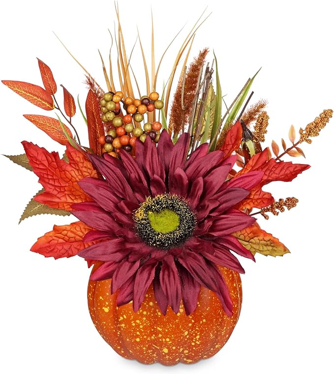 Artificial Pumpkin Floral Arrangement with Burgundy Sunflowers & Autumn Leaves – Fall Table Centerpiece for Thanksgiving, Halloween & Harvest Décor – Rustic Farmhouse Pumpkin Autumn Décor