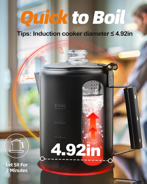 MEREZA Coffee Percolator Stovetop Camping Coffee Pot Stainless Steel 9 CUP Camping Coffee Maker Outdoor Home NO Aluminum or Plastic Black